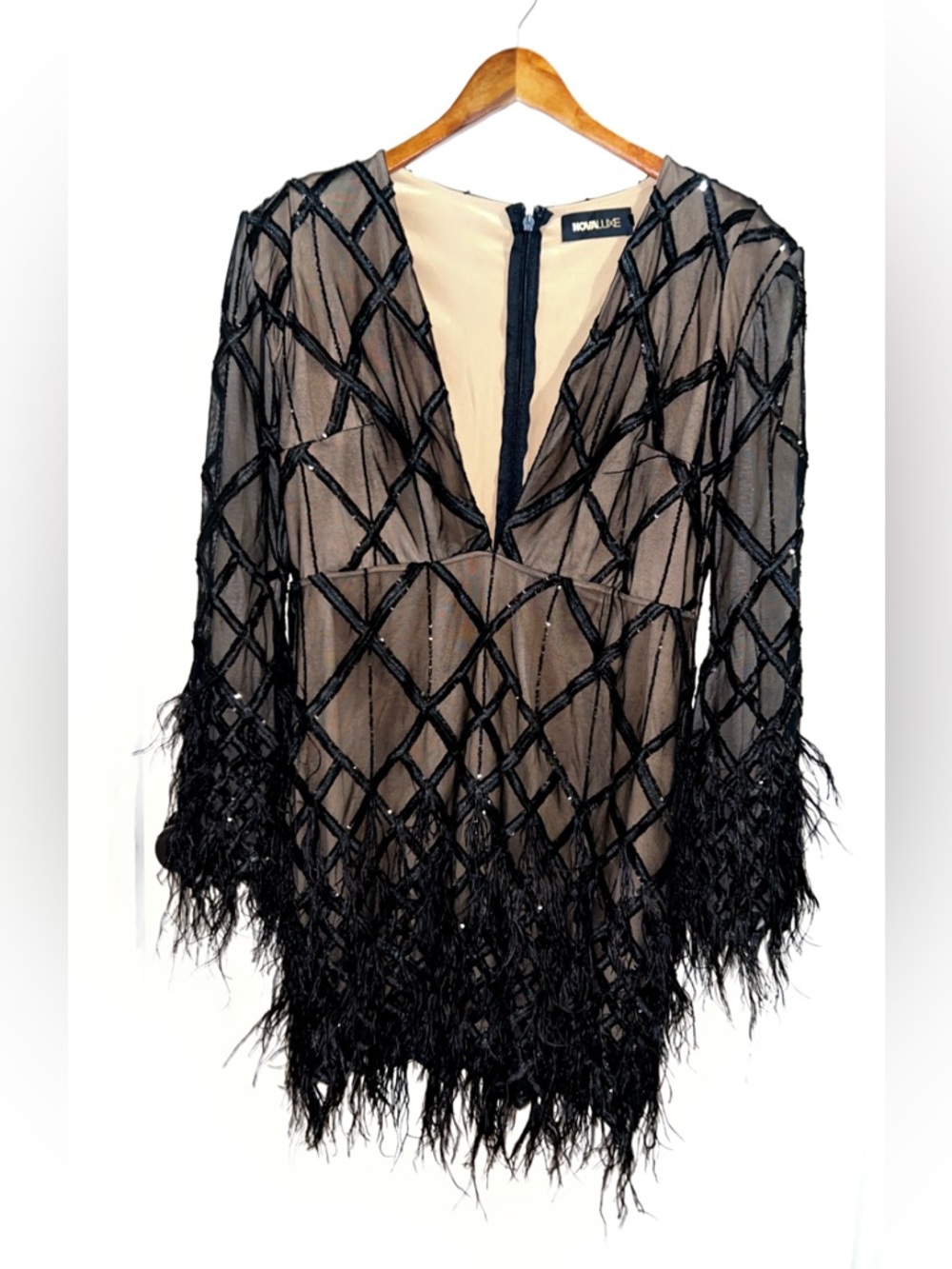 Fashion Nova Black & Nude Mesh Mini Dress with Feather Trim